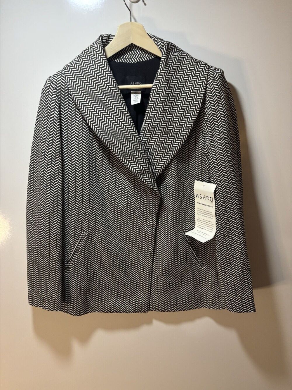 Ashro Houndstooth Jacket Black White Shawl Collar Work Church NWT One Snap Sz 10